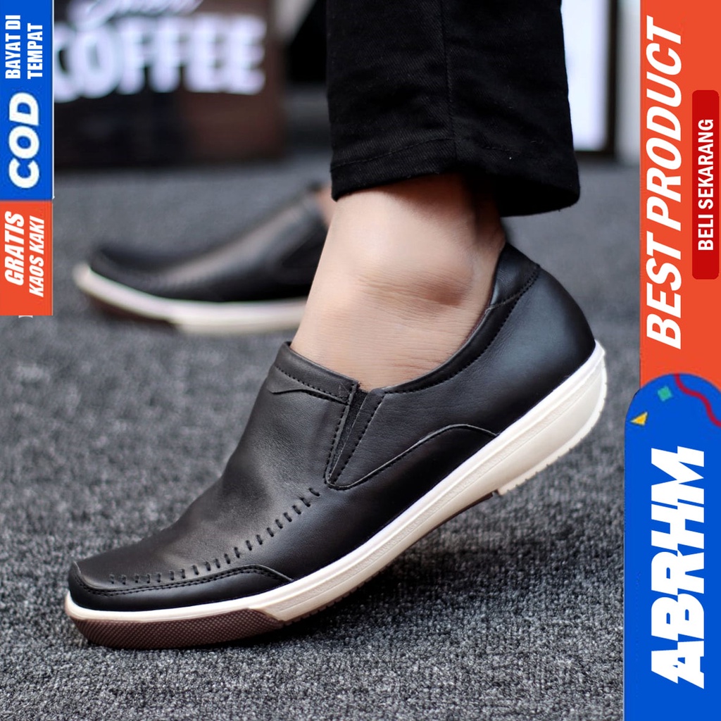 Abrhm Sanper - Sepatu Formal Pantofel Pria Kulit Asli Kerja Kantor Hitam