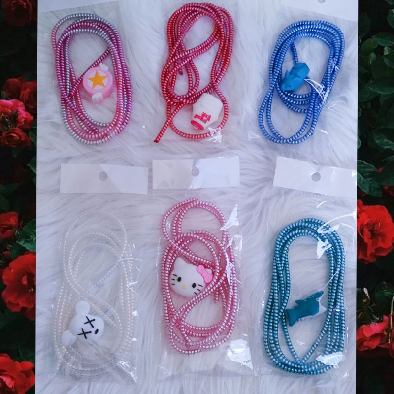 pengaman kabel charger spiral warna metalic set cable bite karakter lucu