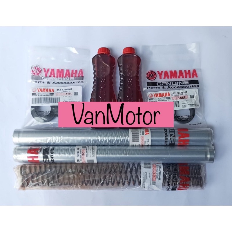 PAKET AS SHOCK SOK DEPAN MIO LAMA MIO SPORTY LAMA YAMAHA 5TL DRAT 1SET SESUAI FOTO  2pc as shock 2pc per shock 2pc oil shock 2pc seal abu 2pc seal shock