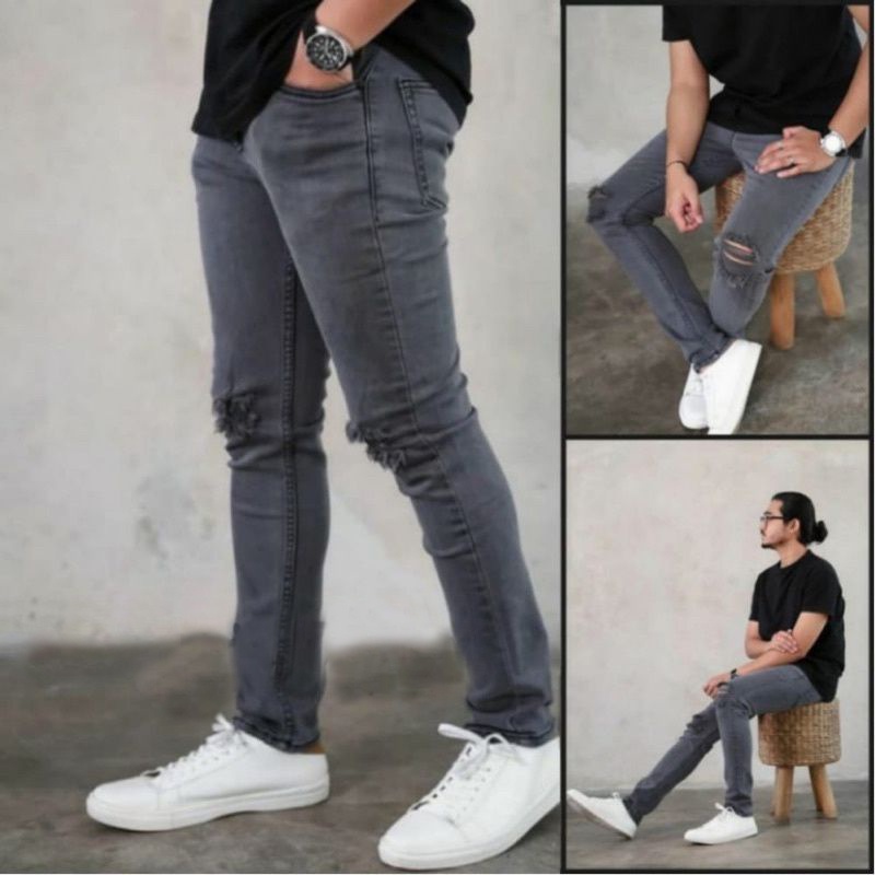 celana jeans pria sobek lutut ripped, streech softjeans skinny