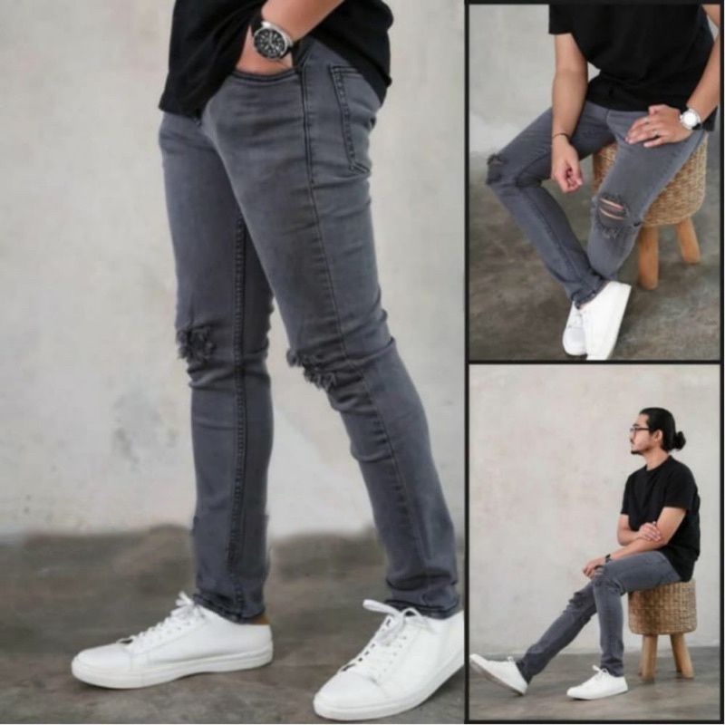 Celana jeans pria sobek lutut ripped, celana jeans panjang strech robek skinny