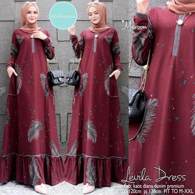 Gamis Wanita Calvin Jeans Diana Busui Tebal Melar Nyaman di Pakai Fane Levila Gamis Muslim Kekinian-LEVILA MAROON