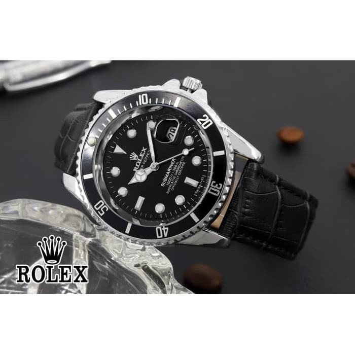 Jam Tangan Pria Rolex Submariner Leather Black plat Black