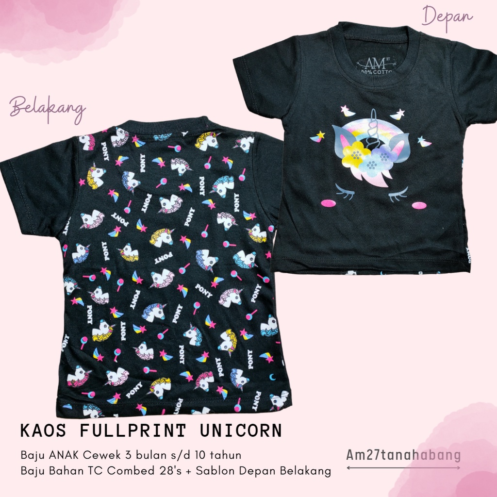 BAJU KAOS ANAK CEWEK Bayi 3 bulan s/d 10 tahun Fullprint Katun T- UNICORN