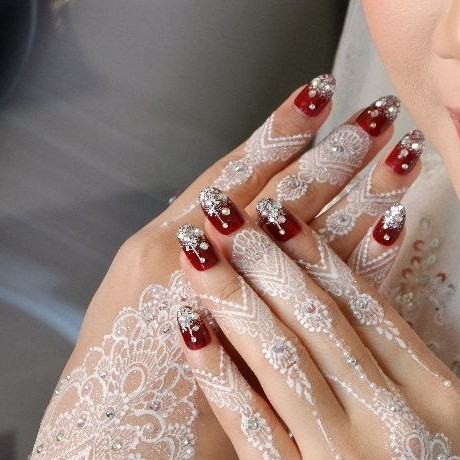 nail by aisha | Wedding nail art marun glitter silver | custom ukuran