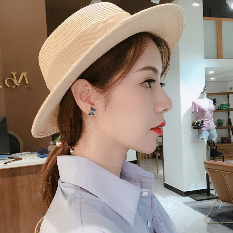 Anting Stud Desain Kupu-Kupu Lukisan Minyak Warna Hijau Untuk Wanita