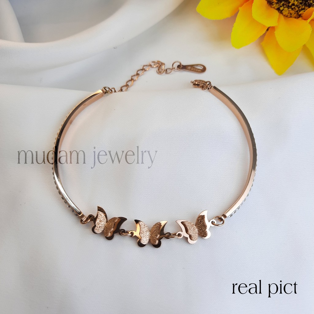 Gelang Titanium 3 Kupu-Kupu Gengan Taburan Kristal Artifisial Warna Rosegold, Gold dan Silver