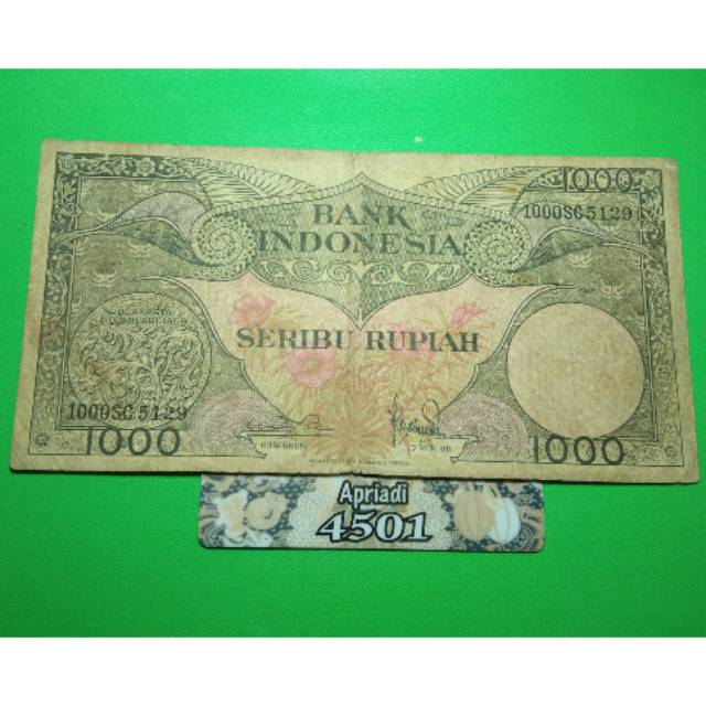 UK119 UANG KUNO ASLI 1000 RUPIAH SERI BUNGA/BURUNG TAHUN 1959 UANG LAMA KERTAS MAHAR NIKAH #VF-
