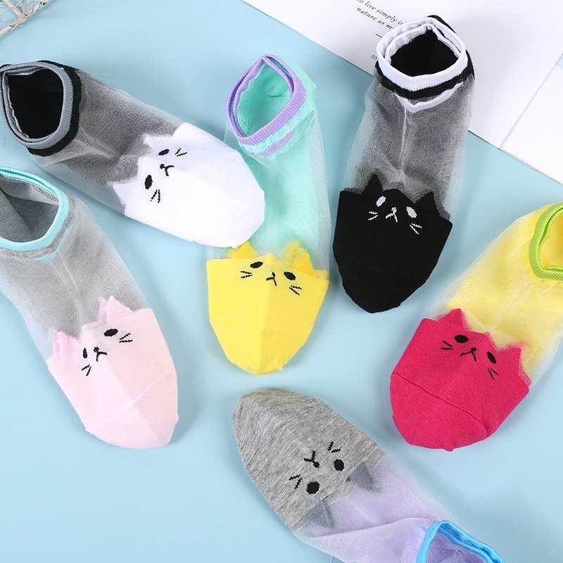 (COD) Wanita Kaus kaki kristal transparan modis kaos kaki pola kucing Lucu Socks 09S