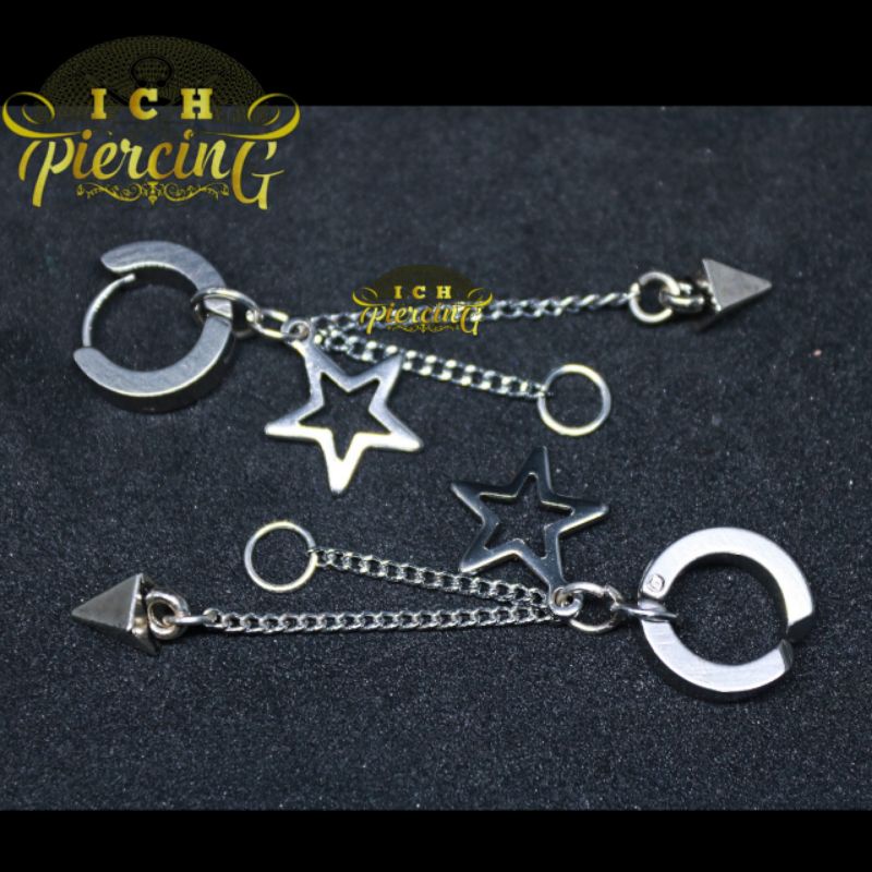 anting K-pop model bintang rante bandul ring / anting tindik dan jepit / anting jepit Korea / ICH PIERCING