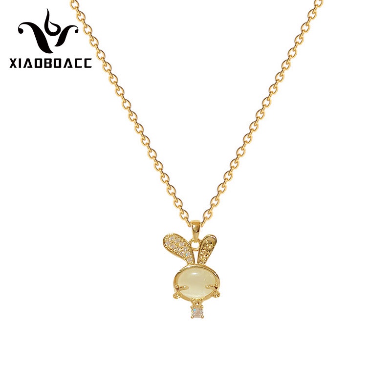 XiaoboACC  Kalung Rantai Titanium Steel Lapis Emas 18K + Liontin Kelinci Aksen Zircon Opal Untuk Wanita - 38CM+6CM