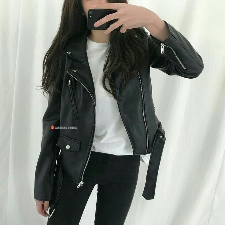 JNK x RMS - Jaket Kulit Wanita Ramones Changcuters Korea Blazer Style Punk Women Shirt Black Bahan Semi Kulit Sintetis Viena Faux Synthetic Leather Premium Original Genuine Elegan Jacket Cewek Perempuan Remaja Dewasa Model Slimfit Zipper Belt Korean 2023