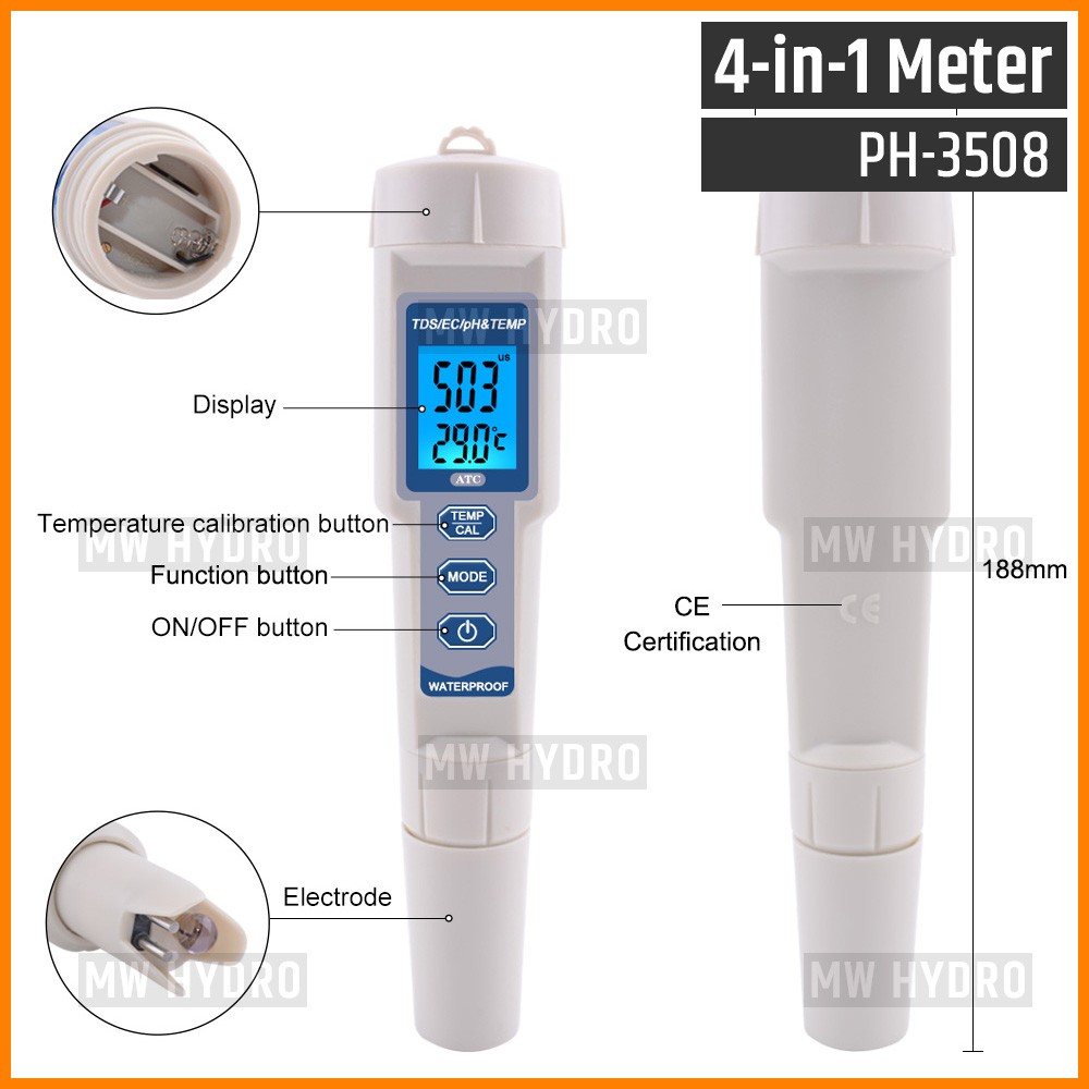 PH TDS EC Temperature, 4-in-1 Meter, Waterproof Backlight, PH-3508