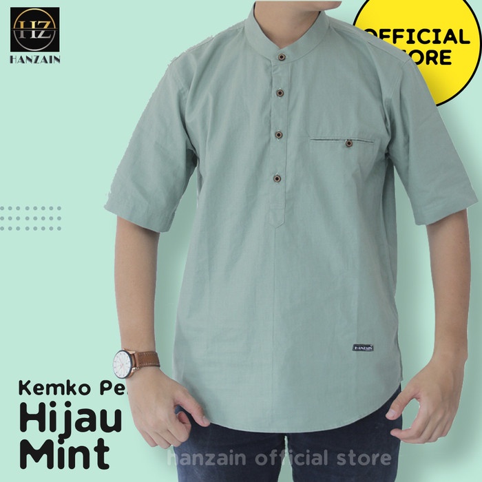 BAJU KEMEJA KOKO KEMKO LENGAN PENDEK PRIA - HIJAU MINT - HANZAIN - L, Kancing Stengah