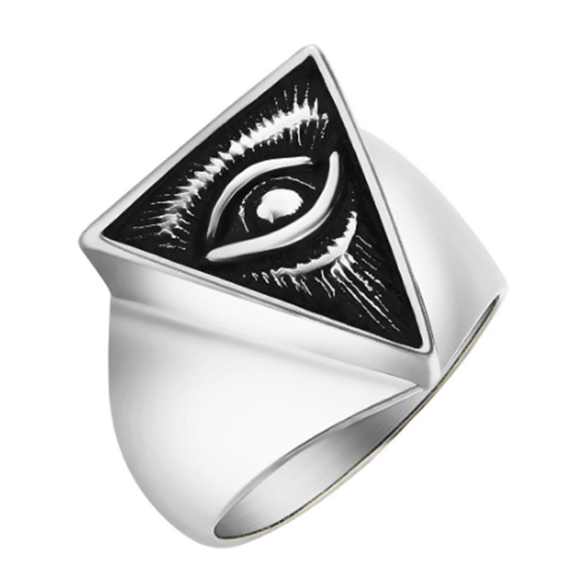 Cincin Desain Mata Horus Pyramid Illuminati Mesir Warna Silver Bahan Stainless Steel Untuk Pria