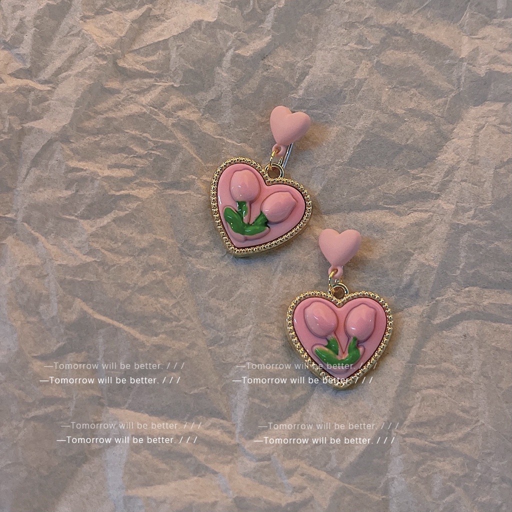 Anting Liontin Bentuk Bunga Tulip Warna Pink Gaya Retro