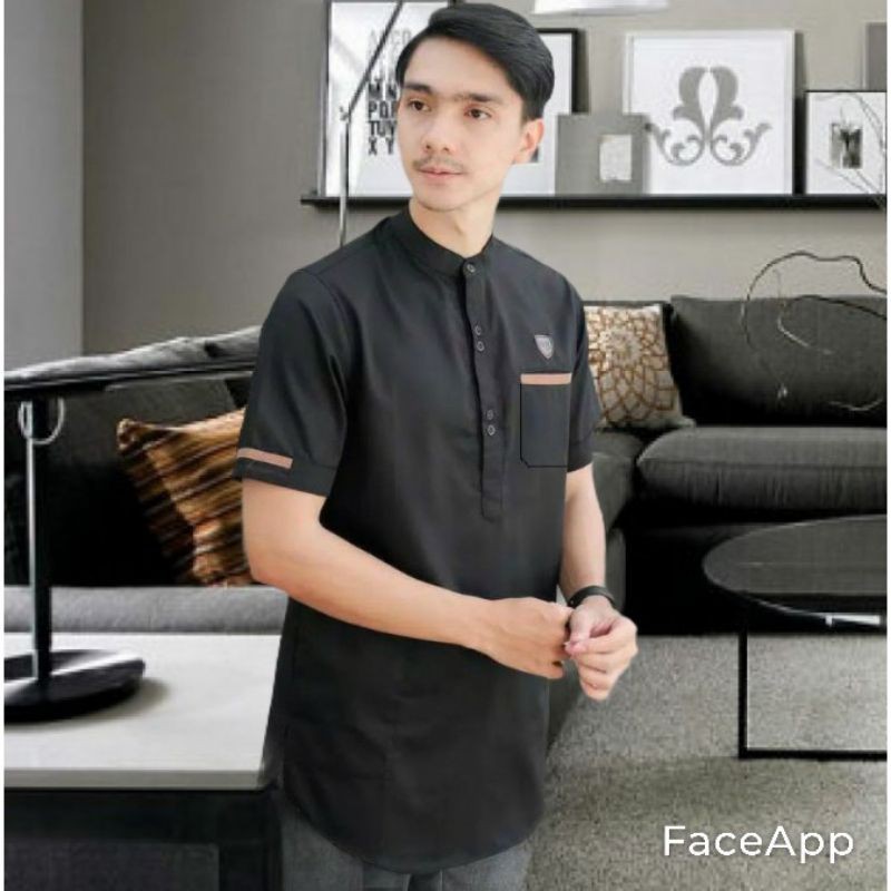 [HANYA DISHOPEE] Baju Koko Muslim//Koko Kurta Lengan Pendek Remaja Dewasa//Bahan Toyobo-KOKO-Hitam/Black