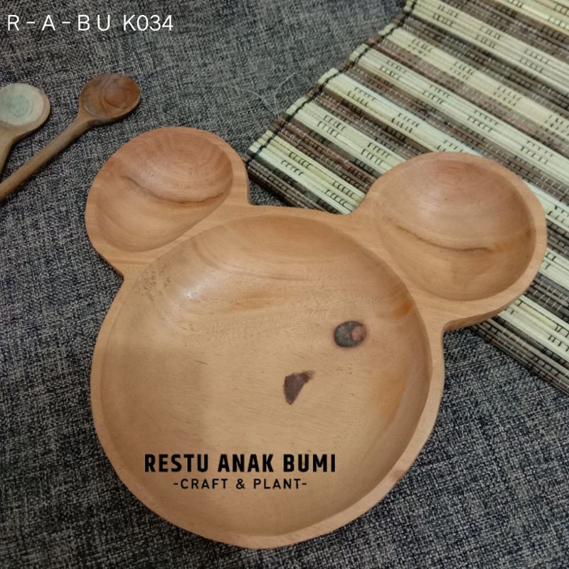 (K034) Piring Micky Mouse Kayu Mahoni|Tempat Snack|Wadah Saji|Lauk|Unik|Roti|Souvenir|Nasi|Makan pac