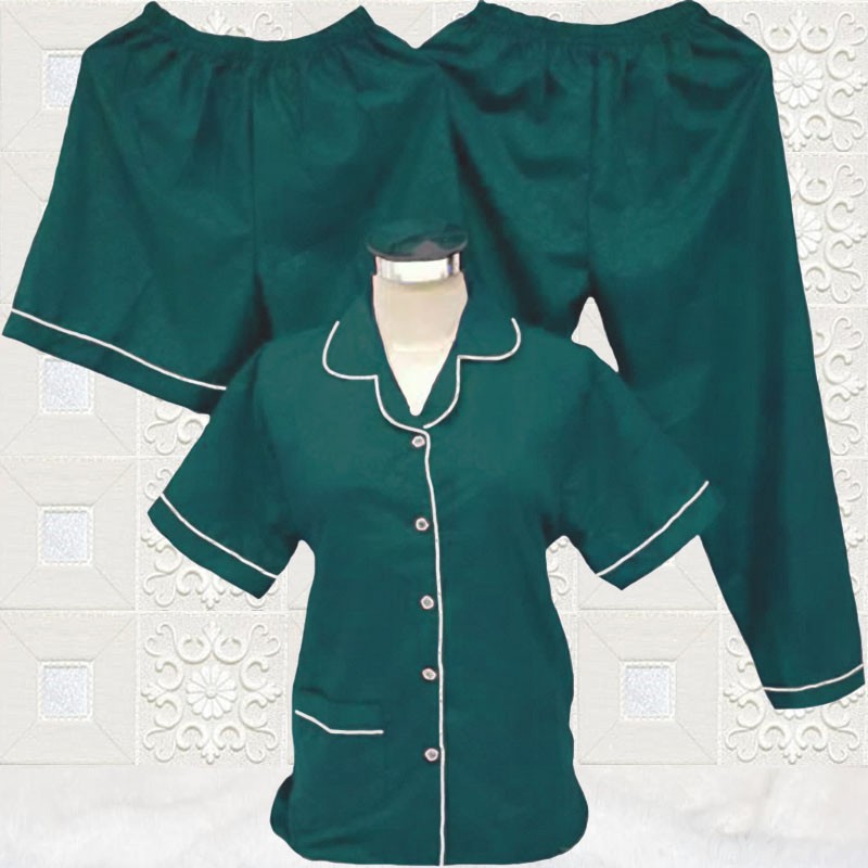 ISANNY PIYAMA SET 3IN1 SIZE XXL/SATIN EMBOSS 3IN1 JUMBO/BAJU TIDUR DEWASA/READY STOCK-HIJAU TUA