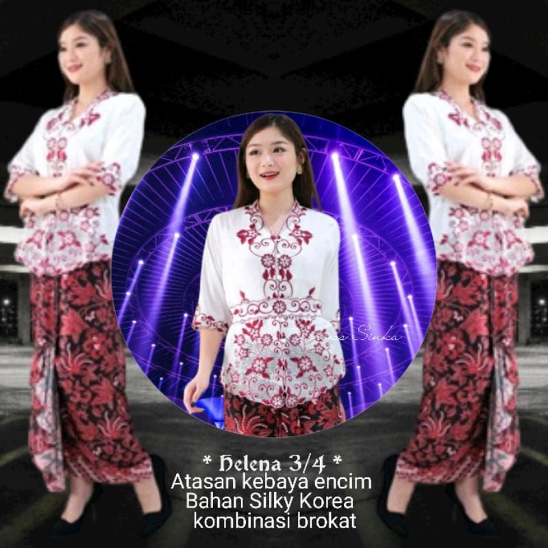 Atasan Kebaya encim modern katun silky import kombinasi brukat bordir lengan 3/4 senada wanita