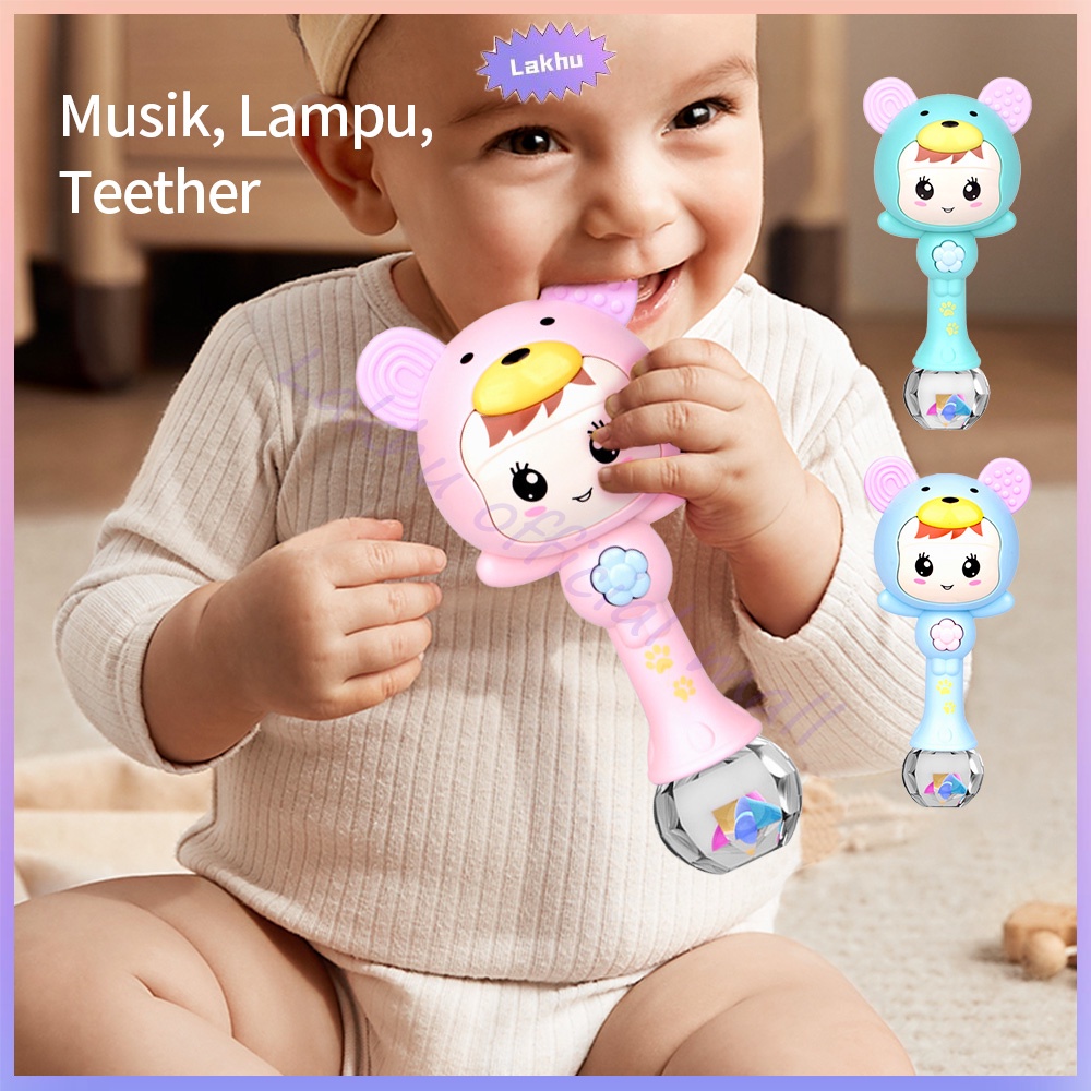 Lakhu mainan rattle bayi/Mainan Bayi Tongkat Rattle + Teether+ Musik + Lampu Kelap Kelip