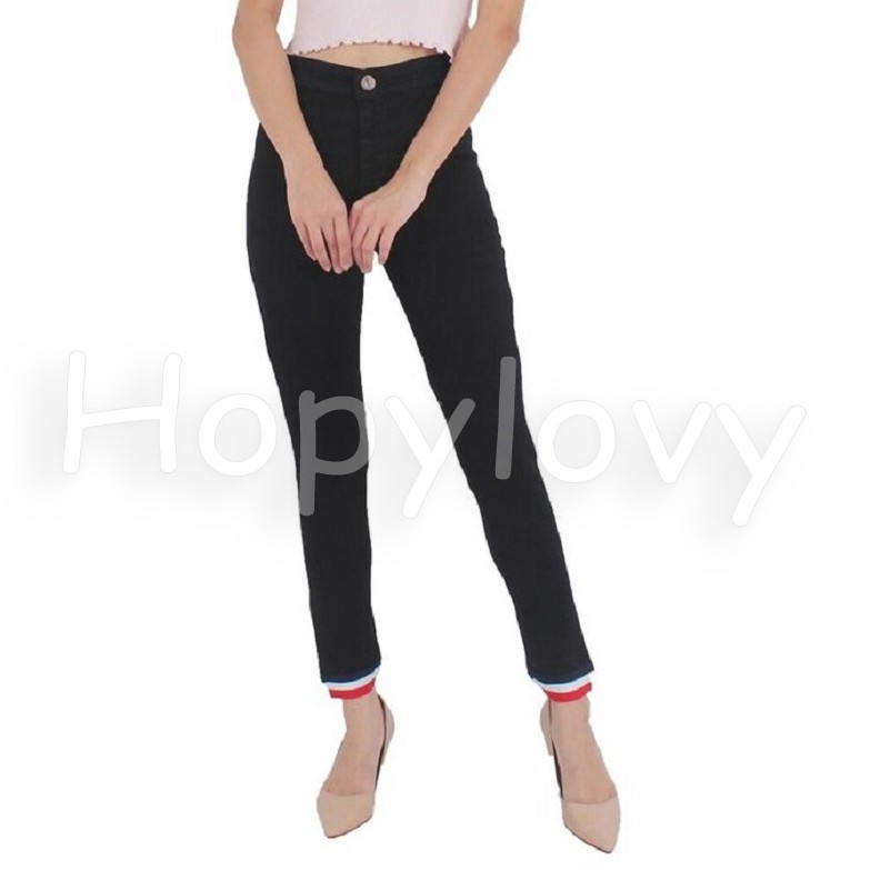 HOPYLOVY SALE - Celana Jeans Stretch Highwaist Wanita List Kaki Karet