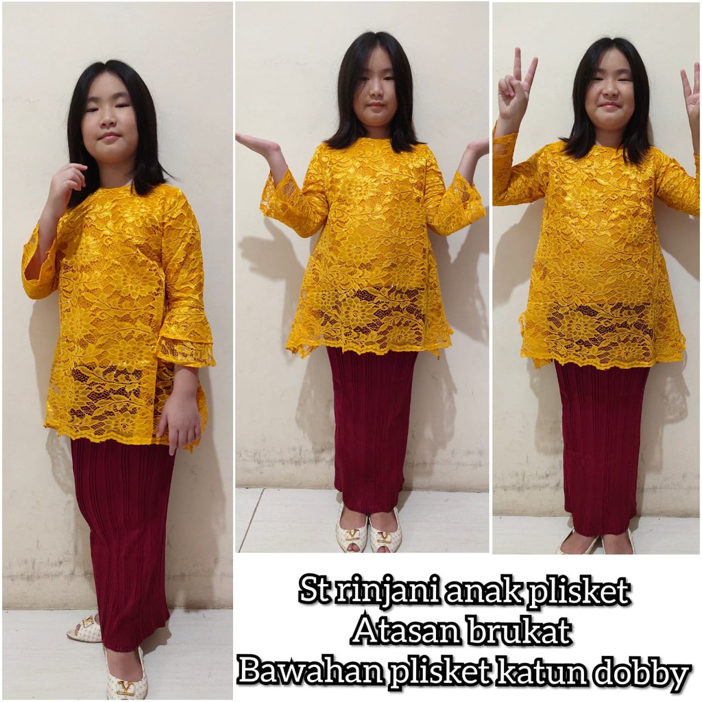 Stelan Kebaya Lina Kartini Brukat Dan Rok Plisket Batik Jumbo Anak Perempuan