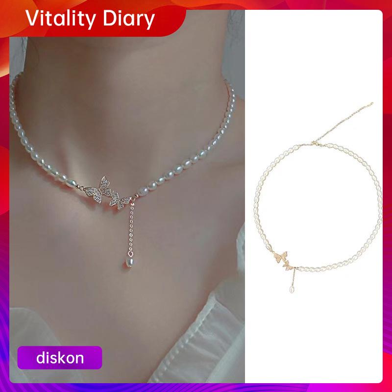 【COD❤️】Butterfly Zircon Pearl Pendant Fashion Temperamen Cahaya Mewah Kalung High-end VDY