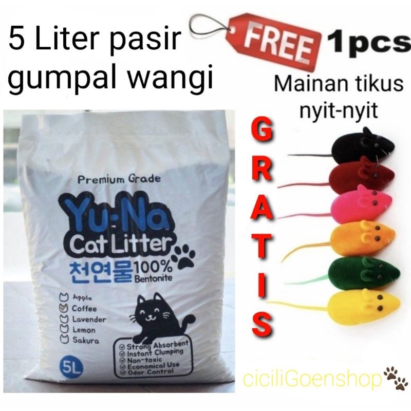 promo GRATIS TIKUS pasir kucing wangi gumpal YUNA yu-na 5 liter 5 lt bentonite premium cat litter