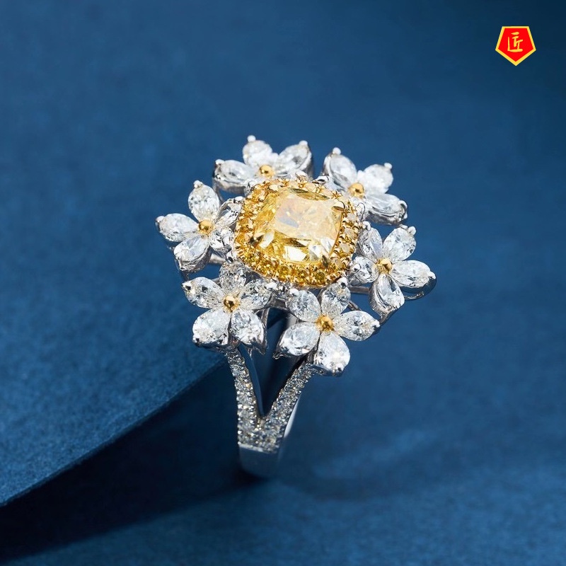 [Ready Stock]Light Luxury Yellow Diamond Flower Ring