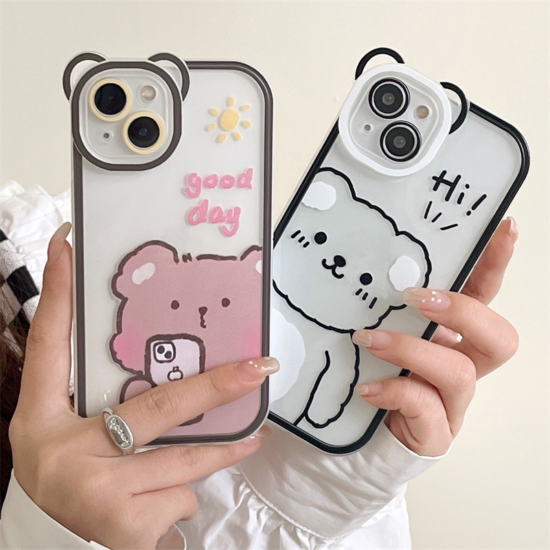 Soft Case Silikon TPU Motif Beruang Untuk Compatible for iPhone 14 13 12 11 Pro Max X Xr Xs Max SE 2020 iPhone 8 7 6 6s Plus Bear Selfie Cute Couple Phone Case Lens All-Inclusive Soft Silicone Shockproof Phone TPU Back Cover