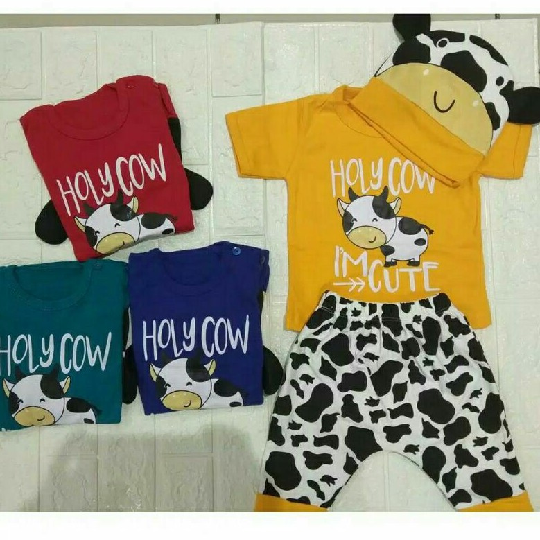 Setelan baju bayi laki laki Cute Cow/ Pakaian anak bayi laki laki baju kaos set topi sapi bayi lucu
