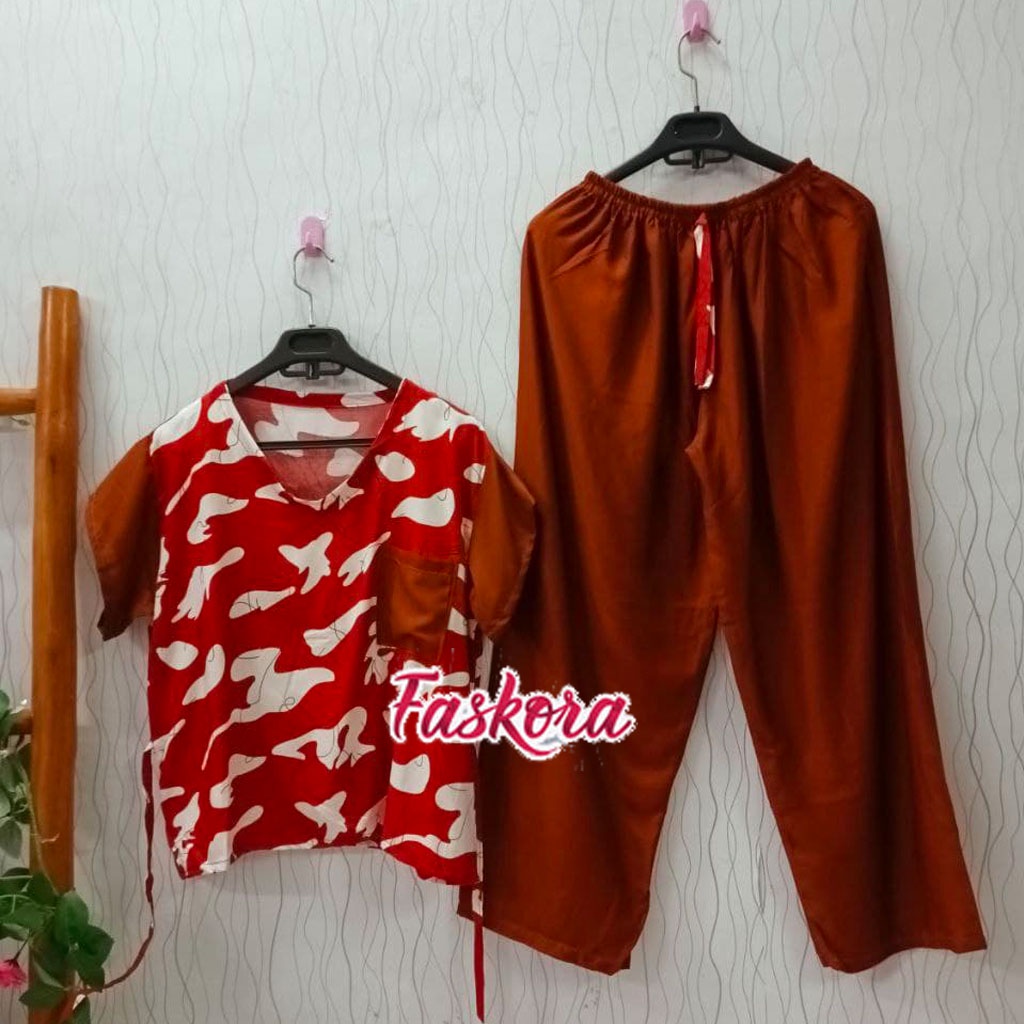 Set Rayon Jumbo Lengan Pendek Piyama Dewasa Wanita Pakaian Tidur Rayon Premium Celana Panjang Army