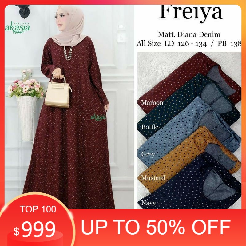 Freiya Maxy/gamis muslim/gamis jumbo/gamis polkadot/gamis ld 126-134/gamis Diana denim