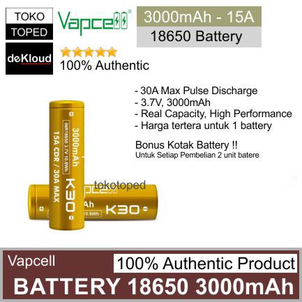 Authentic VAPCELL K30 18650 3000mAh 30A Battery | batre baterai batere