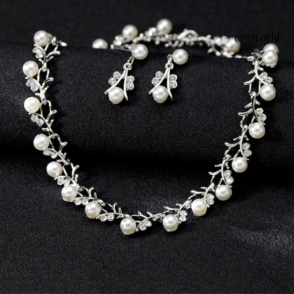 OW@ Women Bride Faux Pearl Rhinestone Necklace Stud Earrings Bracelet Jewelry Set