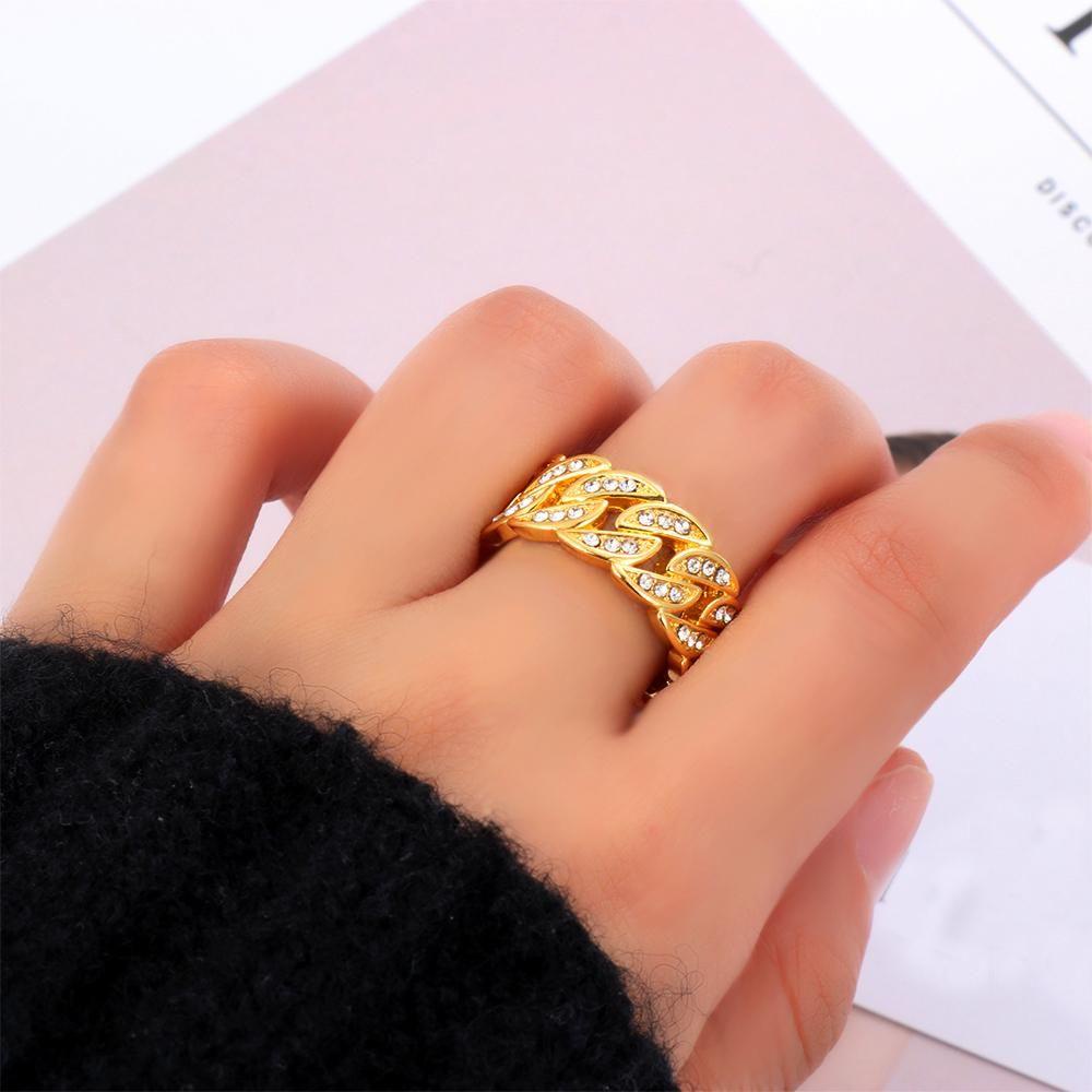 Cincin Emas Kuba Atas Lebar 10 mm Mewah Mengkilap Fashion Gelang Pernikahan Hias Berlian Imitasi