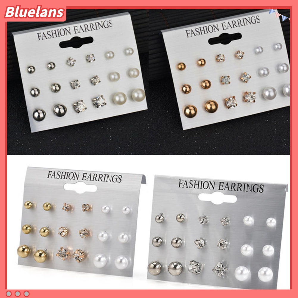 9 Pasang Anting Stud Mutiara Berlian Imitasi Untuk Wanita