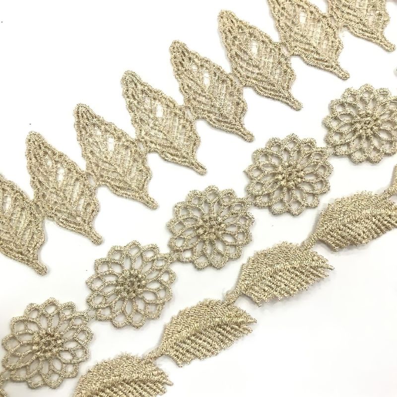 1 METER | RENDA DAUN / BUNGA | GLITTER GOLD | RENDA BAJU | WARNA GOLD
