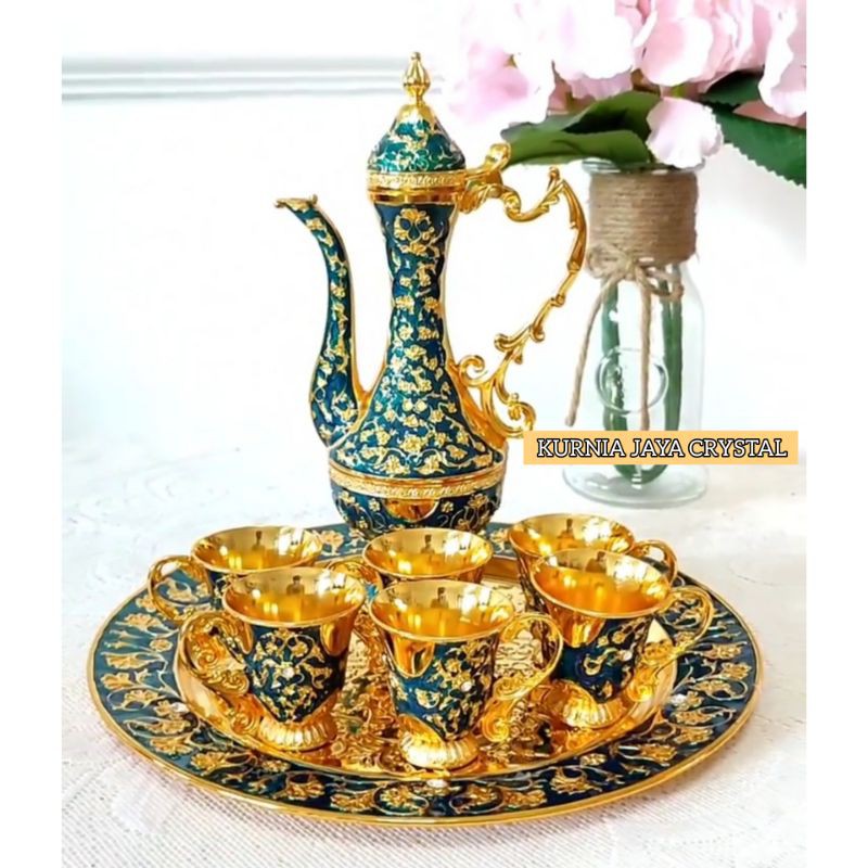 Cangkir zamzam set Turkey warna hijau gold/ Pajangan Teko Set Turkey Hijau