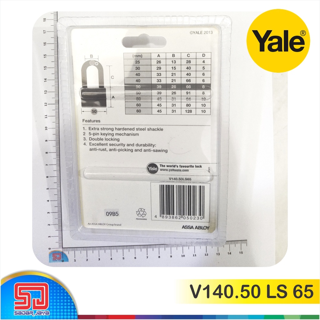 Yale V140.50 LS 65 Gembok Pagar Kuningan 50mm Leher Panjang 65mm Padlock Brass Hardened Steel