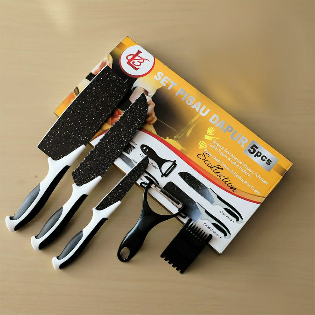 Pisau Dapur Set 5 Pcs + 1 Ceramic Peeler HITAM