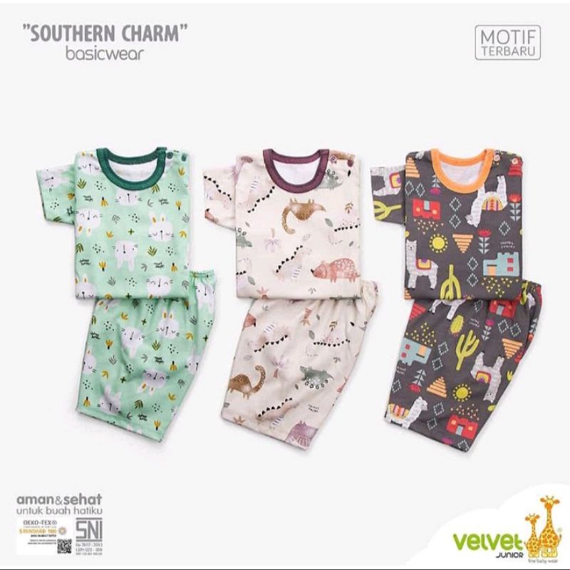 VELVET 3 pcs Setelan Bayi Lengan Pendek Kancing Pundak Uk. S - L