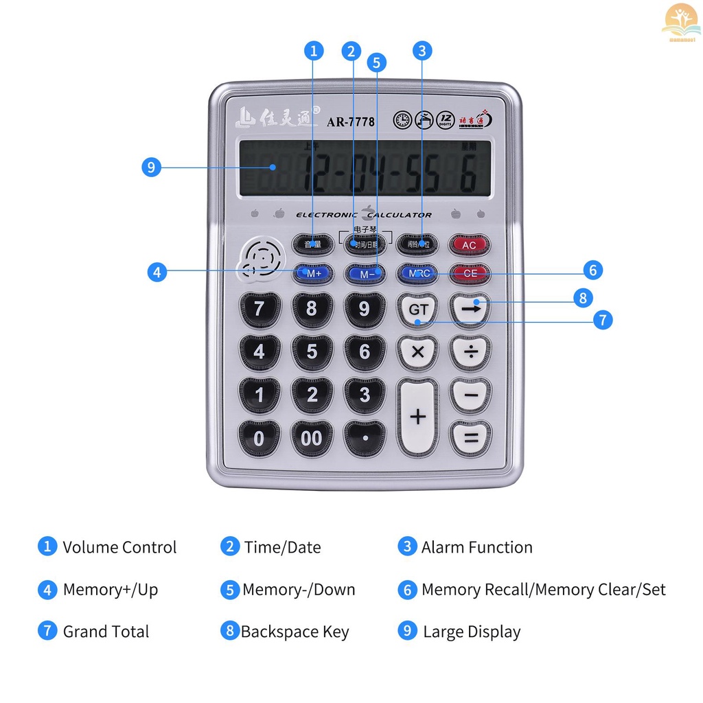 Musical Desktop Calculator 12-Digits LCD Display Electronic Calculator Counter Big Buttons with Music Piano Play Time Date Show Alarm Clock Function for Office Business Classroom Home Supplies