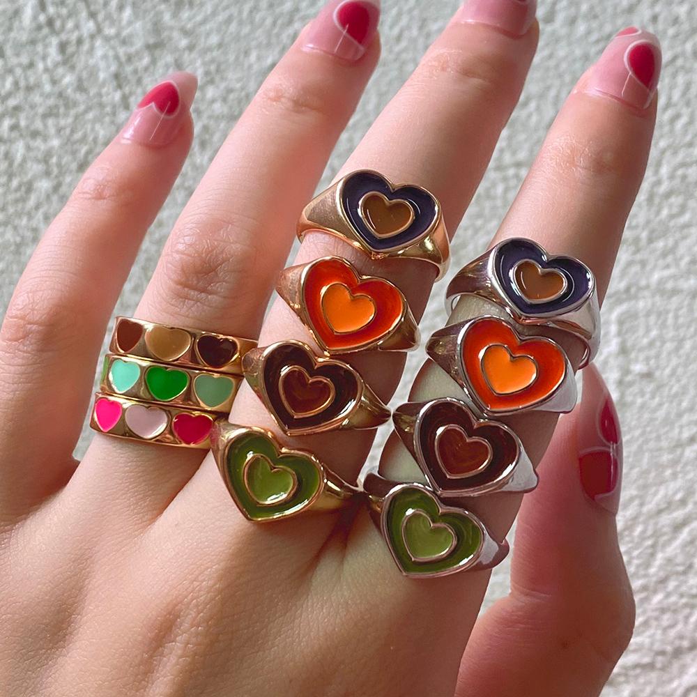 Needway  Colorful Heart Rings Simple Finger Rings Open Ring Dripping Oil Creative Korean Temperament Vintage Double Layer Love Fashion Jewelry