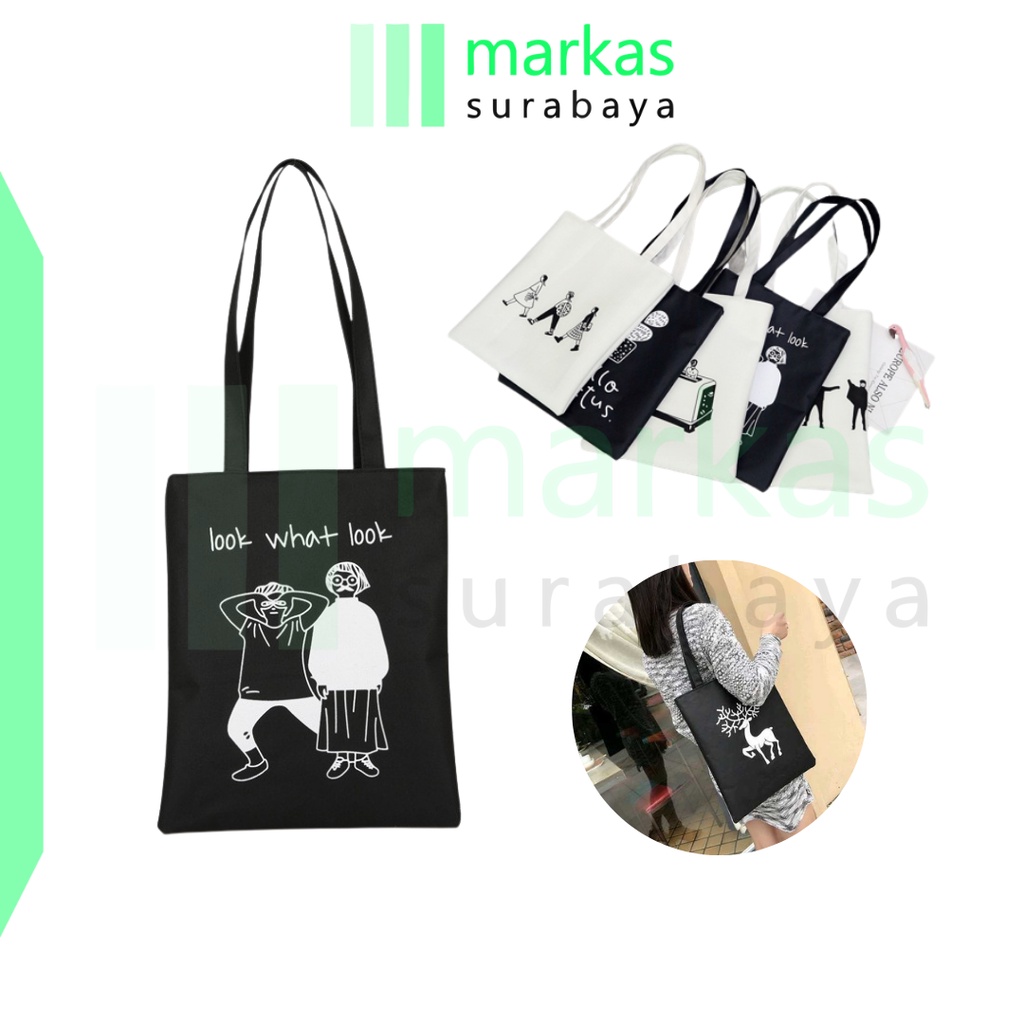 MARKAS WJ06 Tas Kuliah Kanvas Tenteng Tote Bag Jinjing Motif Karakter