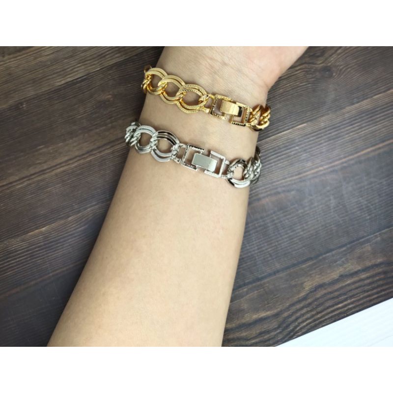 Fifi Fashion Gelang Double Ring Ukir 2 Kombinasi Plat Fashion Model Perhiasan Lapis emas 19#