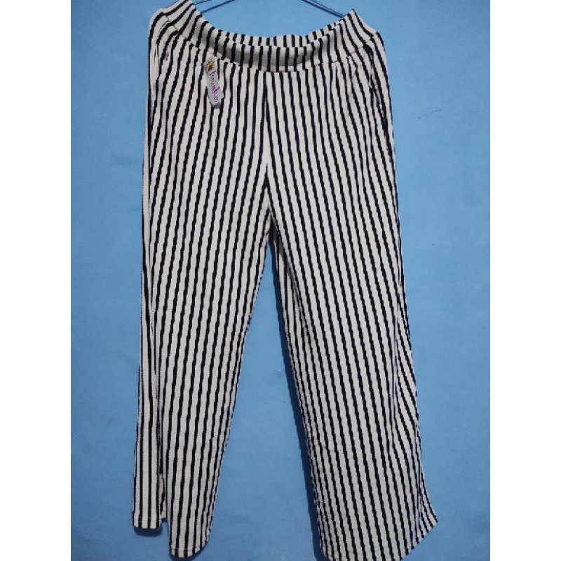 New bawahan celana panjang kulot wanita salur garis hitam putih monokrom