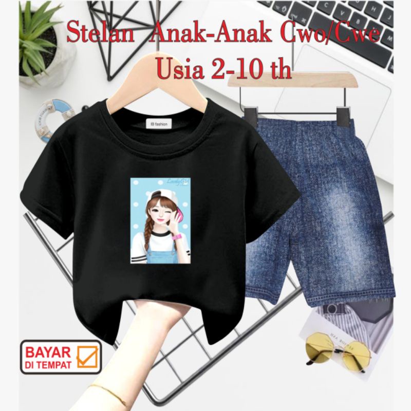 ((IB))SETELAN ANAK PEREMPUAN SEMI JEANS/CEWEK TOPI DIGITAL SABLON