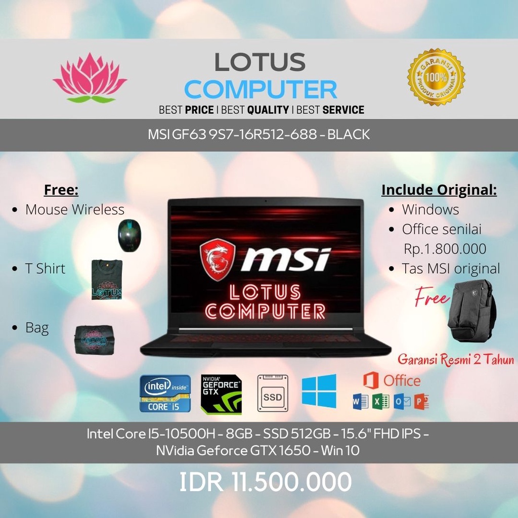 MSI GF63 9S7-16R512-688/ i5-10500H/ 8GB/512GB/15.6″ FHD (1920×1080)/ GTX 1650 , 4GB